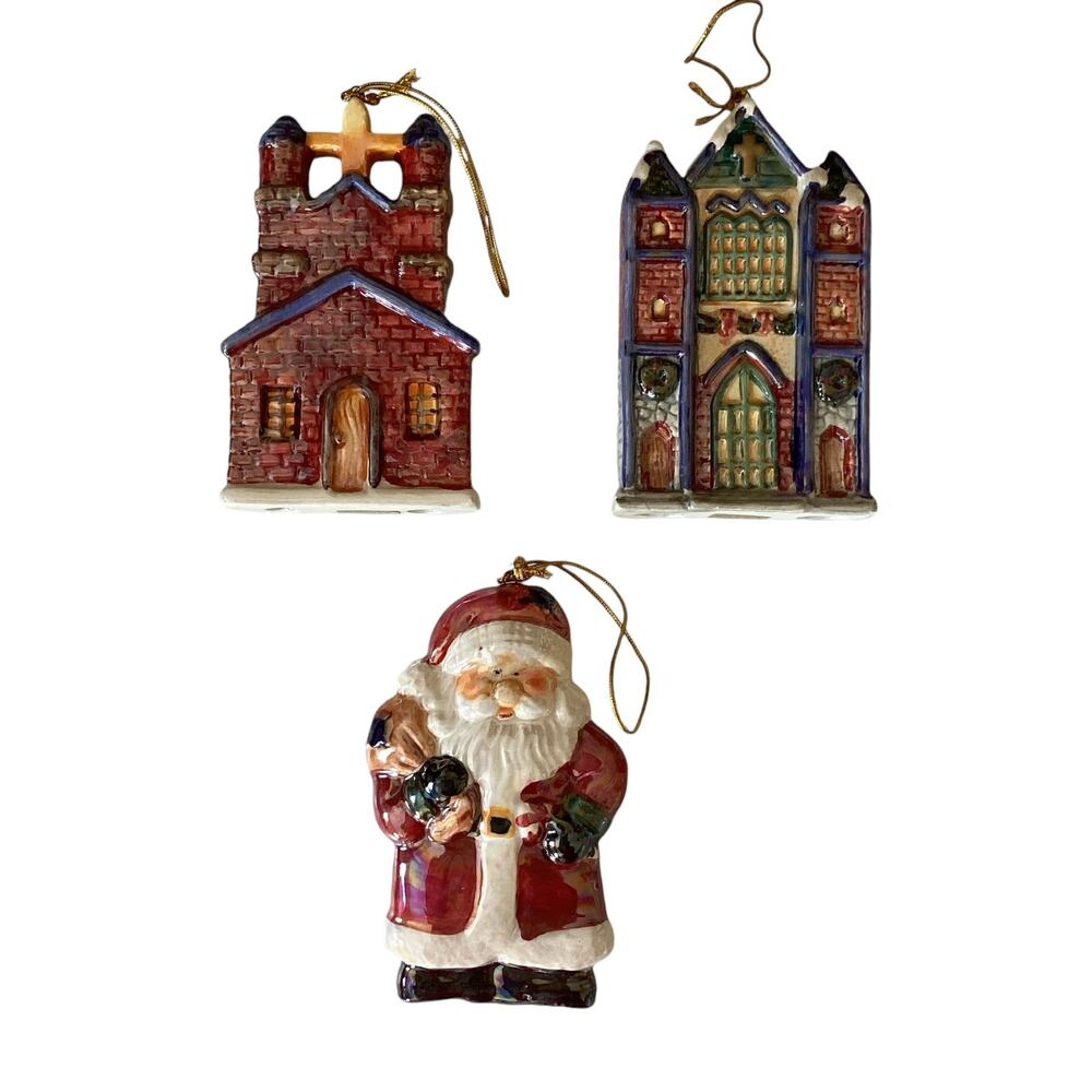 Set of Three Glass Christmas Ornaments Santa, Church, and Cathedral 4" Tall